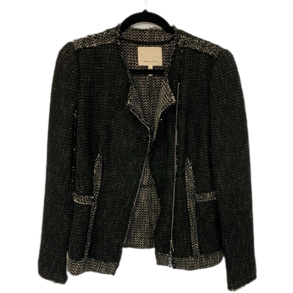 Rebecca Taylor SZ 4 Black/Gray Exposed Seams Zippered Front Blazer